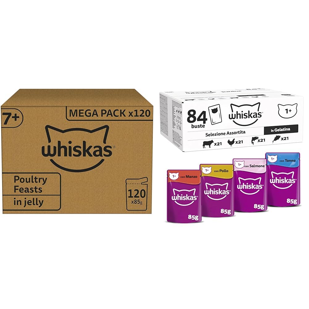 Whiskas Senior 7+ Katzennassfutter Gemischte Auswahl in Gelee & Adult 1+ Katzennassfutter Gemischte Auswahl in Gelee