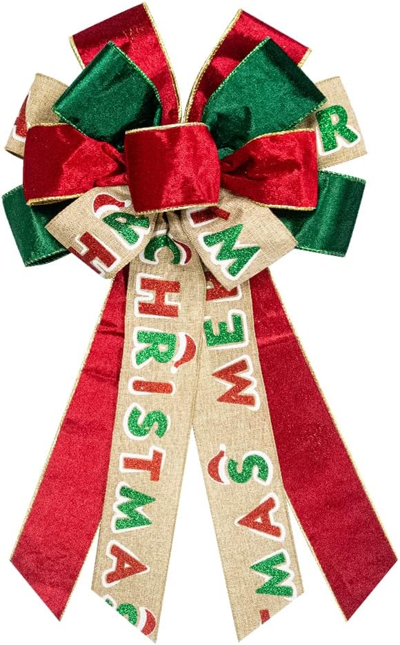 On-AirstoreLarge Christmas Wreath Bows, Christmas Words Velvet Ribbon Bows for Wreaths, Large Tree Topper Bows for Christmas Home Garden Indoor Outdoor Party Decoration Wreath Ornament Supplies