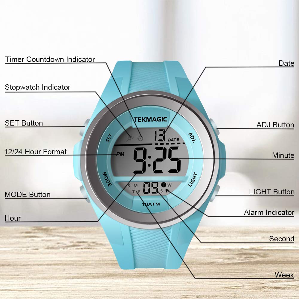 Montre Bracelet Filles Etanche 100 Mètres pour Plongée et Piscine avec Chronomètre, Réveil, Minuteur, Double Fuseau Horaire, Calendrier, Rétroéclairage, Format 12 ou 24 Heures