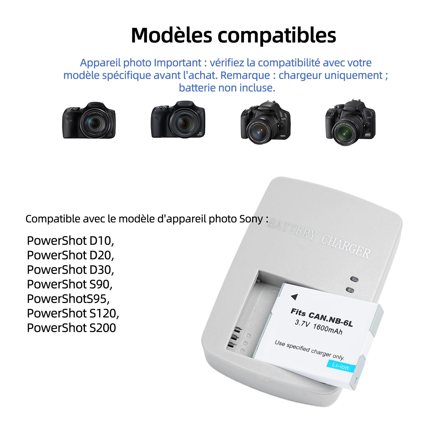 Chargeur Compatible avec Canon NB-6L NB-6LH SX540HS D20 | Pour NB-6L compatible avec Canon PowerShot SX540HS SX530HS SX520HS SX710HS SX700HS SX610HS SX600HS SX510HS SX500HS D30 D20