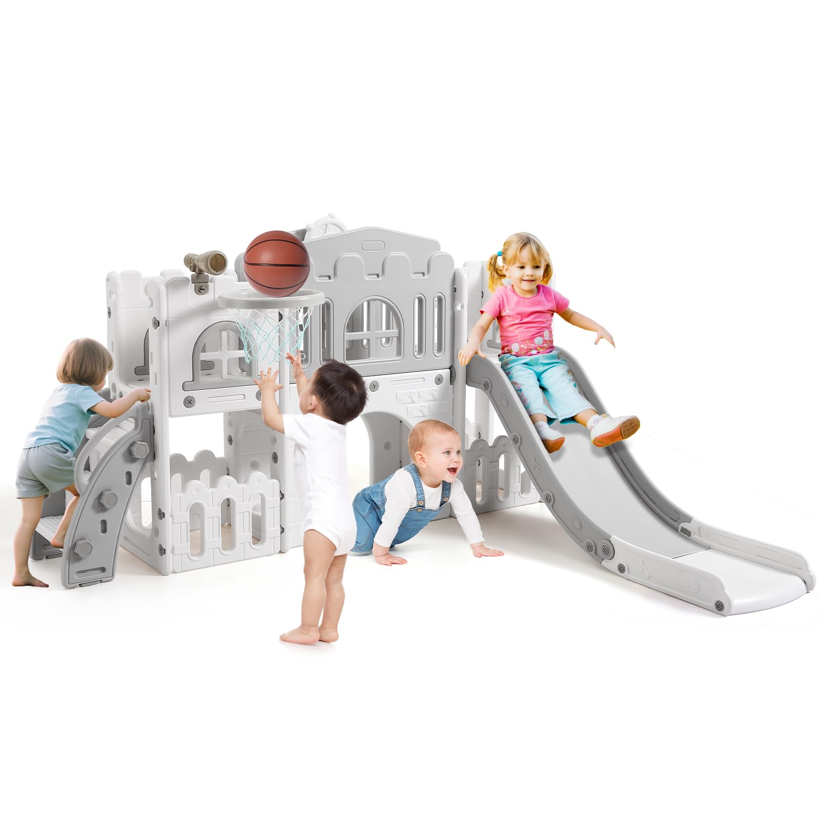 Tobogán Infantil 8 en 1 con Cesta de Baloncesto,Grandes Toboganes Infantiles Exteriores y Interiores con Escalera de Escalada,Telescopio y Túnel de Juego, Espacio de Almacenamiento, 1+