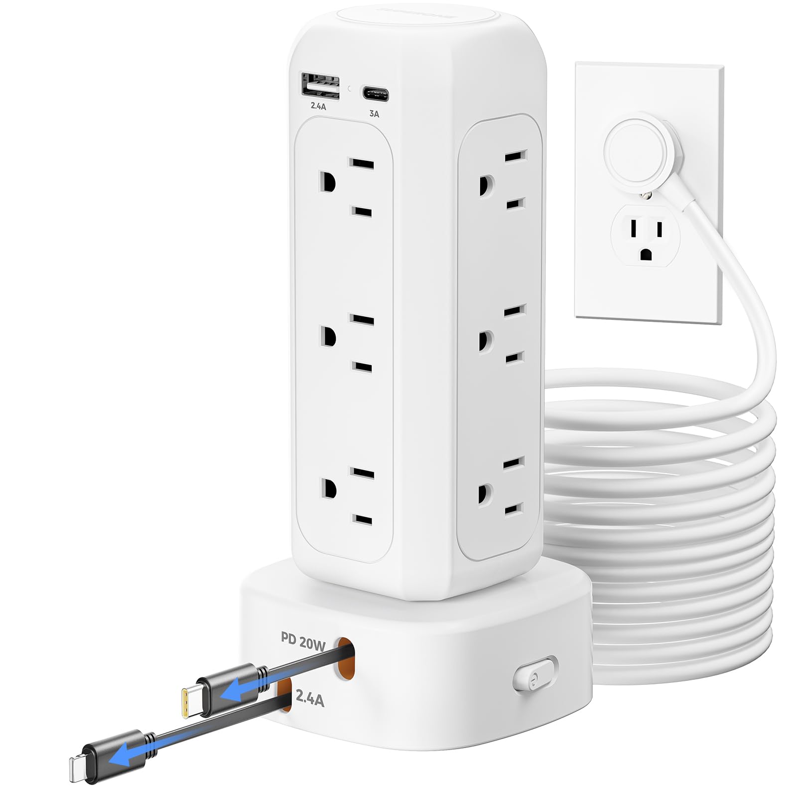 [2025 Upgraded] Power Strip Tower with Retractable Charging Cable, SUPERONE Surge Protector Tower with PD20W USB C and 12 AC Outlets, Flat Plug 6 FT Small Fast Charging Station for Home Office - White