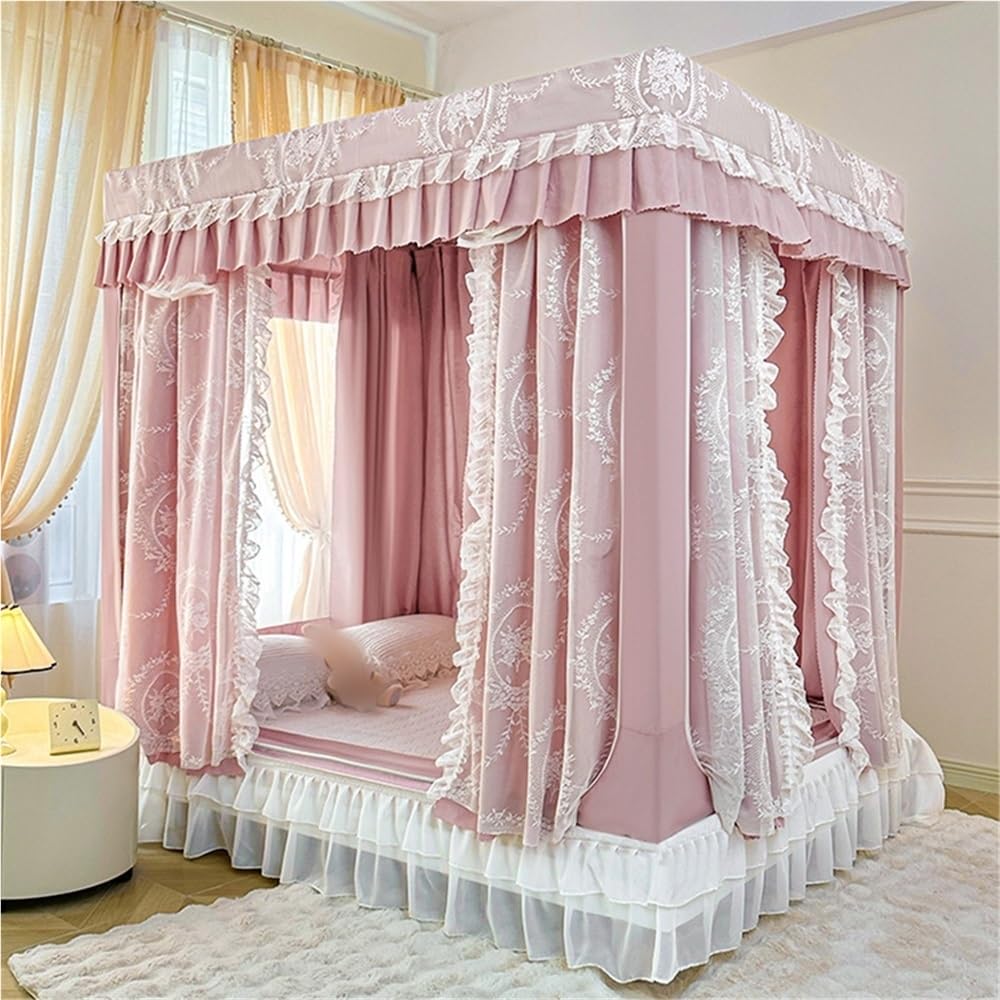Princess Bed Canopy Curtain, Double Layer, 4 Corner Post, 3 Openings, Cute Cozy Square Design for Girls Bedroom, Suitable for Full/Queen/King Size Beds