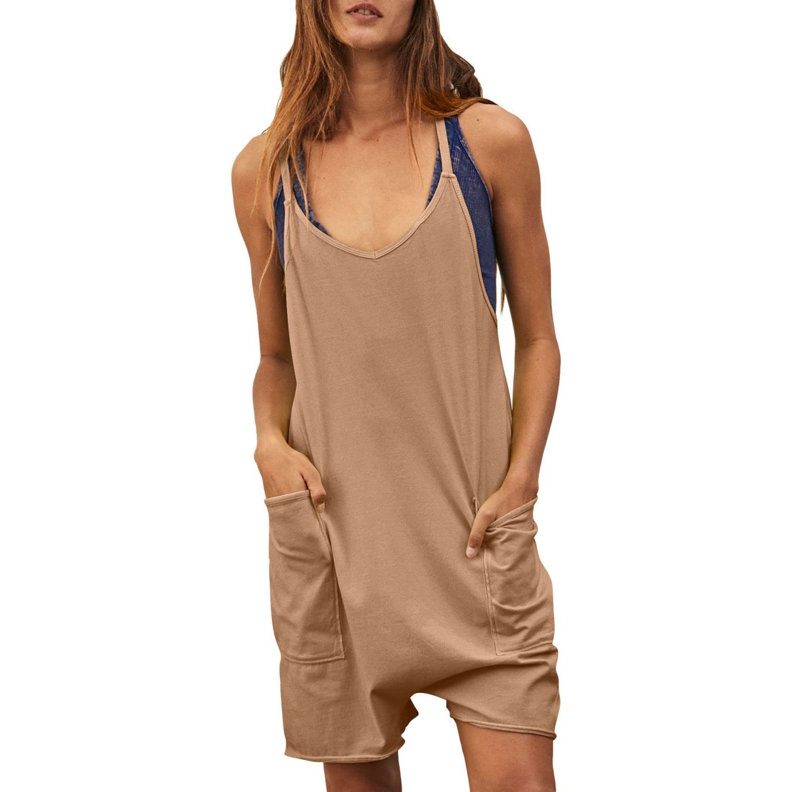 Women's Romper Jumpsuit Sleeveless Spaghetti Strap Shorts Loose Fit Casual Summer Overalls with Pockets