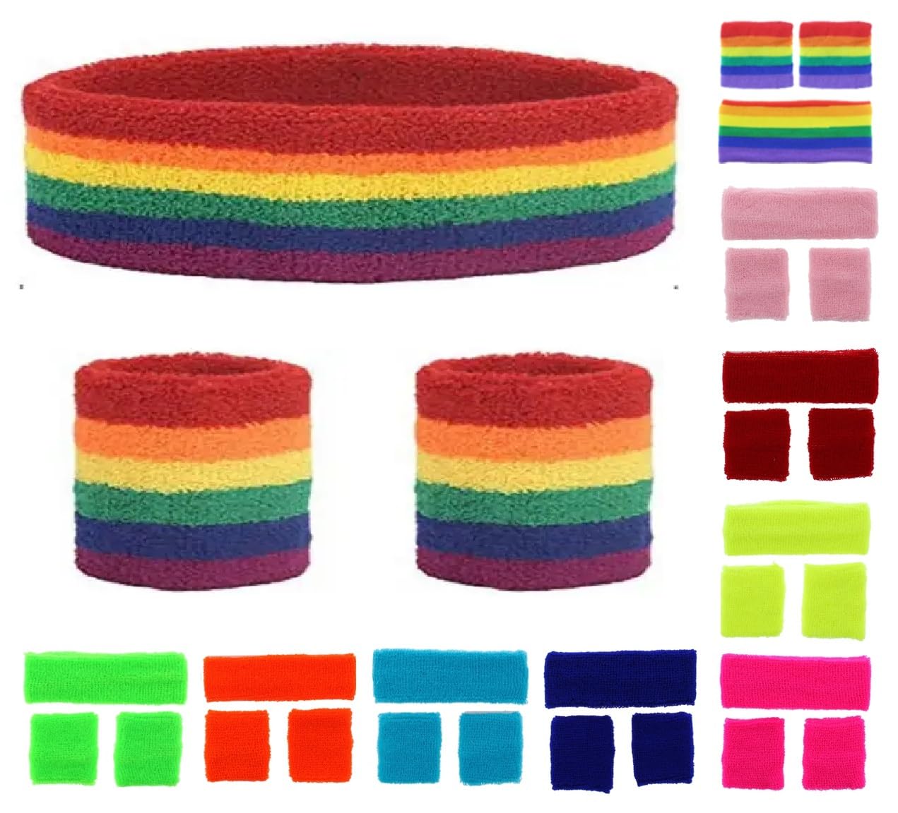 Onlybee Unisex Rainbow Neon Headband And Wristbands Sweatbands Set (Rainbow)