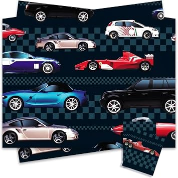 Gift Wrapping Set - 2 Sheets of Gift Wrapping Paper 50cm x 70cm & 2 Tags Sports Car - High Performance   Bundled by GetInStyle Shop
