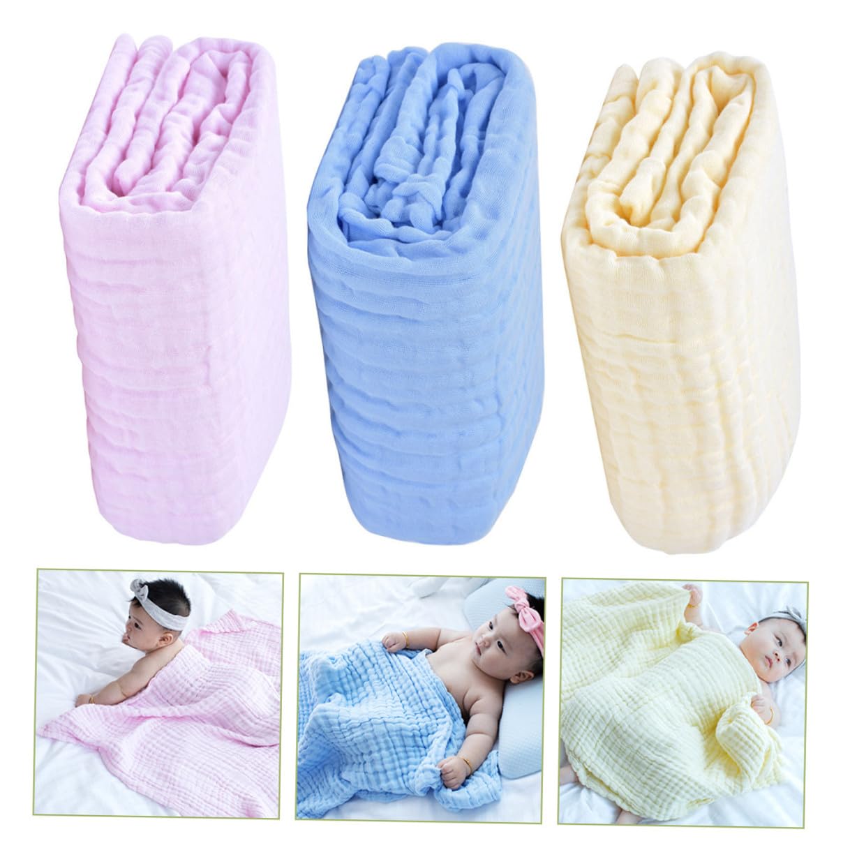 Hohopeti 3 Stück Baumwoll Wickeltücher Unisex Atmungsaktiv Farbecht Weich für Jahreszeiten Puckdecken Babybadetücher