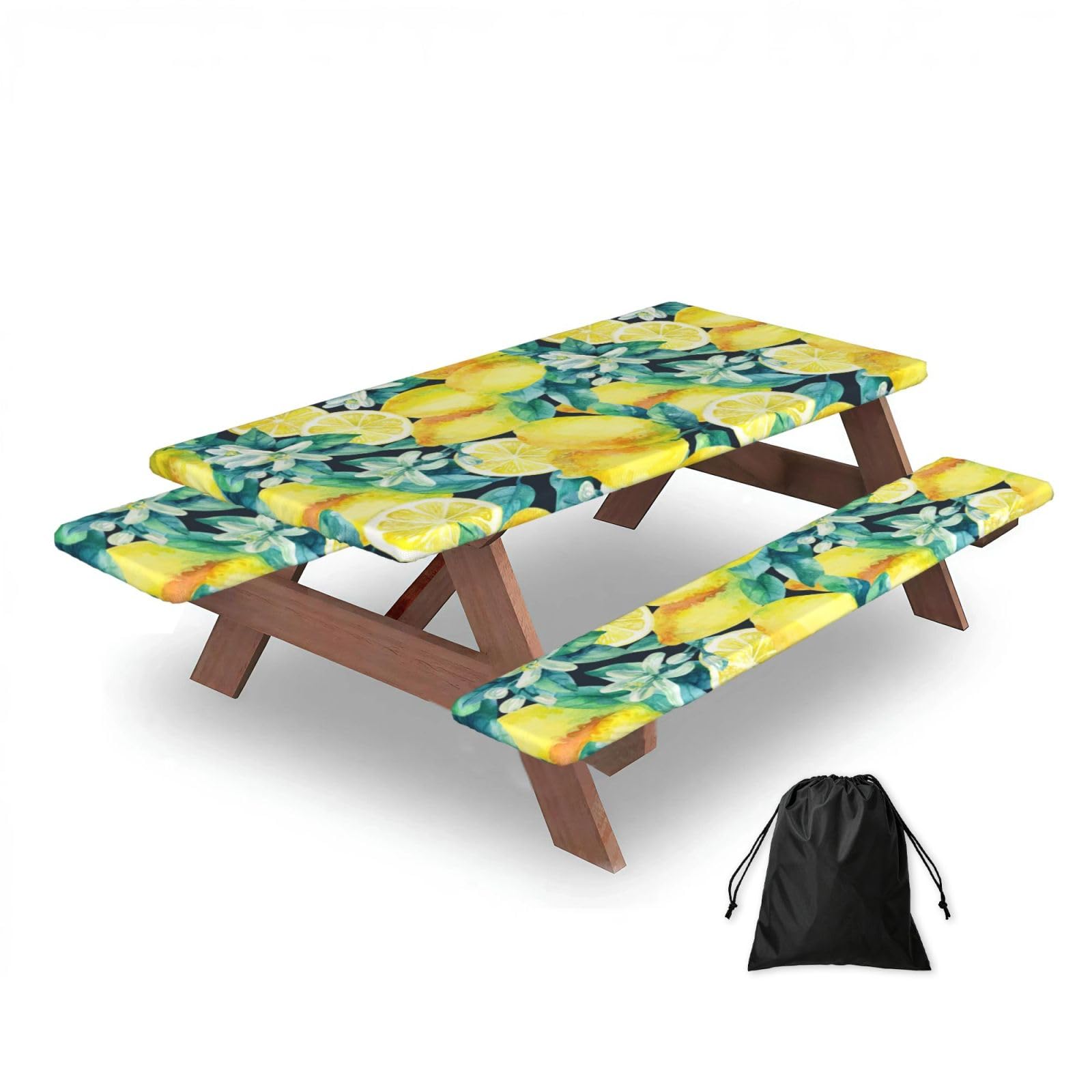 Fresh Fruit Yellow Lemon Limes, Picnic Table Cover With Bench Covers -Waterproof Elastic Fitted Tablecloth for Garden Camping Patio 76x152cm