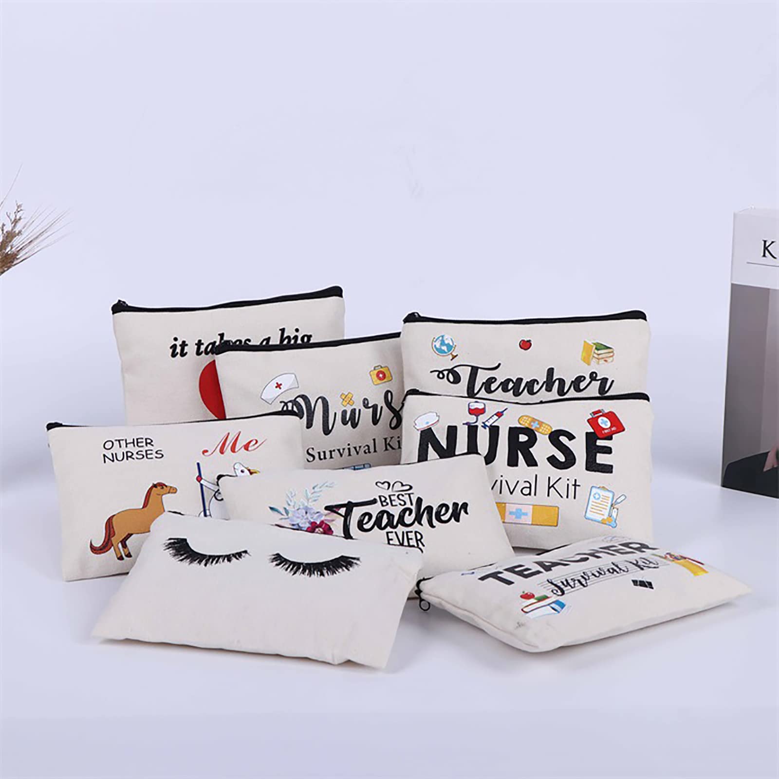 Trousse de Maquillage en Toile 2 Pièces, Sac Zippé Multifonctionnel Voyage Fait Main DIY, Blanc