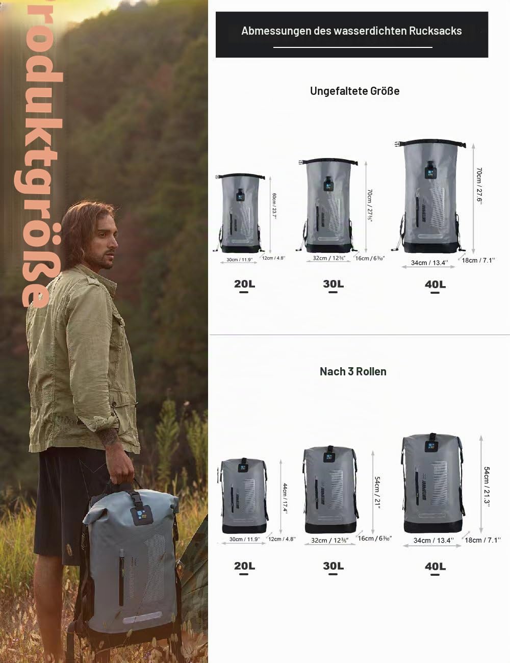 IDRYBAG Wasserdichter Rucksack Dry Bag 20L/30L/40L, schwimmender trockener Rucksack wasserdicht für Männer, Trockensack wasserdichte Tasche für Rucksackreisen, Kajak
