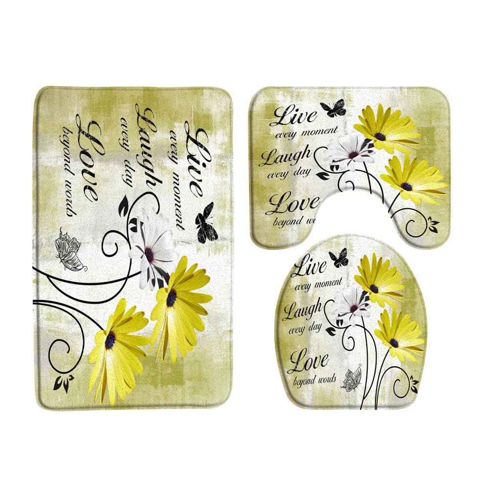 VPUPCN 3 Pcs Farmhouse Floral Bath Rugs Set,Rustic Yellow Daisy Flower Inspirational Quotes Butterfly Turquoise Blue Kitchen Rug with 17.8