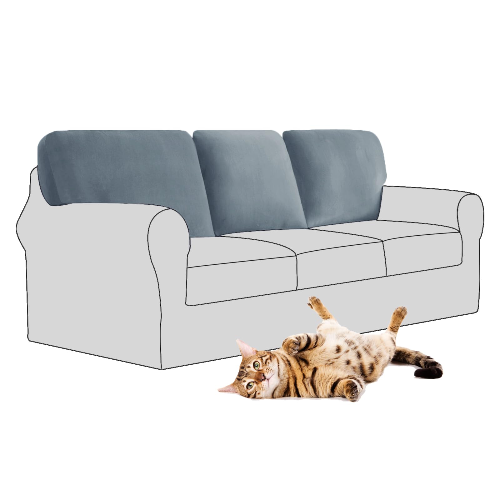 SYLC Stretch Velvet Sofa Backrest Cover, Back Cushion Covers Non-Slip Sofa Cushion Slipcovers for Couch Chesterfield Caravan RV Dinette (Haze Blue,3 pcs Square M)