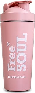 Free Soul Botella mezcladora de proteínas de acero inoxidable de 700 ml, color rosa, coctelera de metal sin BPA, sin olor a plástico, diseño a prueba de fugas, mantiene los batidos fríos, parrilla