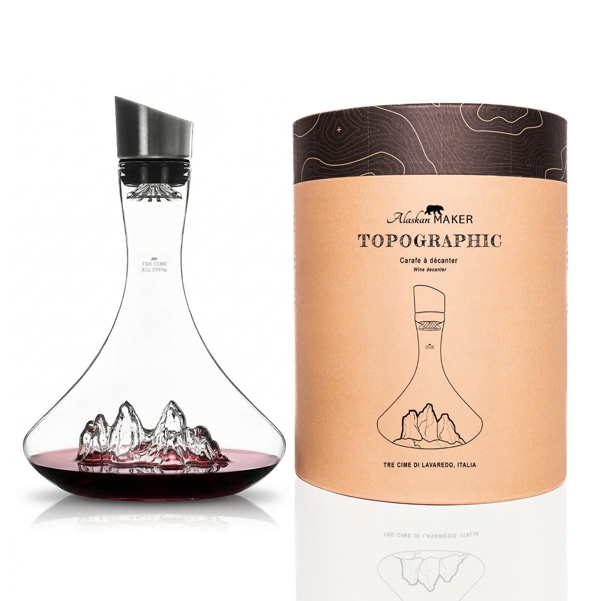 Caraffa per decantare il vino, 1,8 l, borosilicato di alta qualità, soffiato artigianalmente con montagne in rilievo, tappo 3 in 1 (filtro, aeratore e beccuccio) (Tre Cime di Lavaredo)