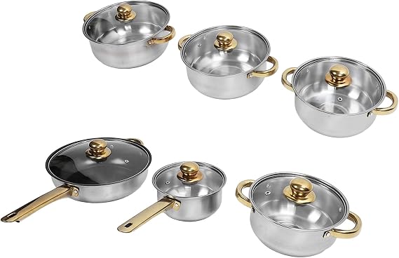 Stainless Steel Cookware Set, Rustproof Non Stick Pot and Pan Set with Gold Handles, Full Kitchen Cookware Set for Home and Restaurant Use on All Stovetops Including (Gold Handle)