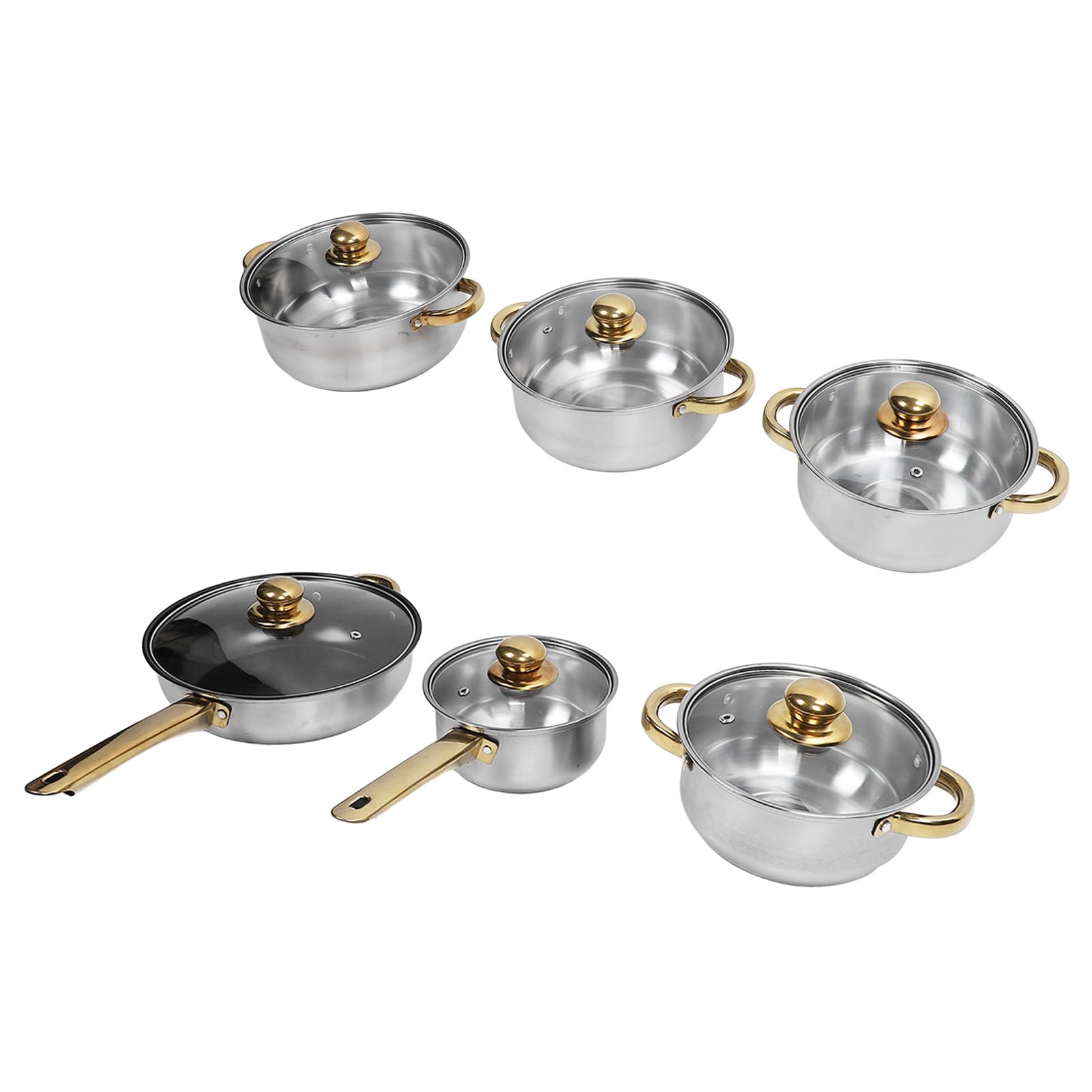 Generic Zestaw naczyń ze Stali Nierdzewnej, Nierdzewny, Elegancki Design, Wielofunkcyjne Patelnie i Garnki do Domowej Kuchni, 6 Sztuk (Złoty uchwyt)