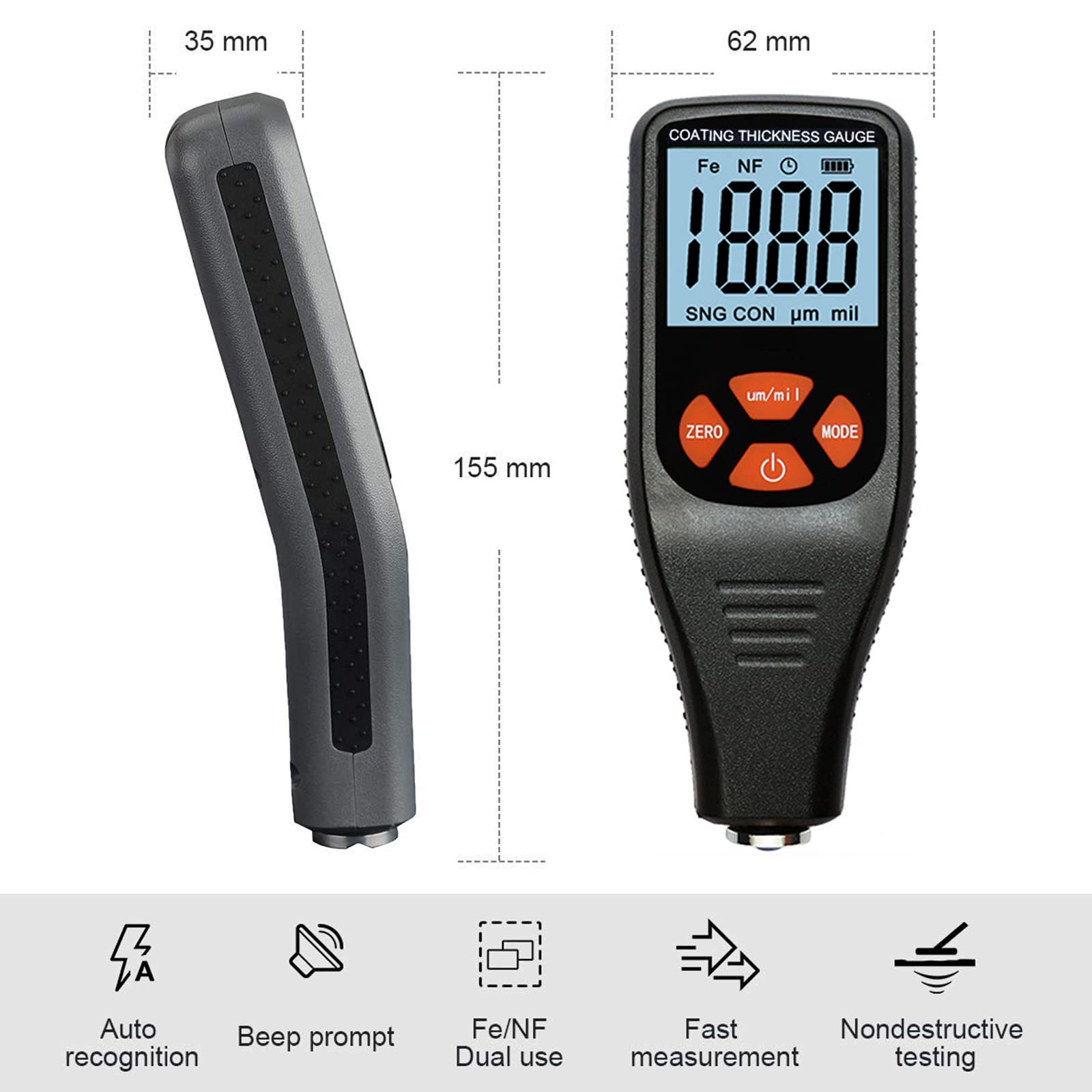 Spessimetro per Vernice Auto Portatile, Misuratore di Spessore del Rivestimento Fe & NF 2 in 1 Spessimetro Vernice, Misuratore di Spessore 0-1300um / 0-51,2mil Spessore del Rivestimento Tester