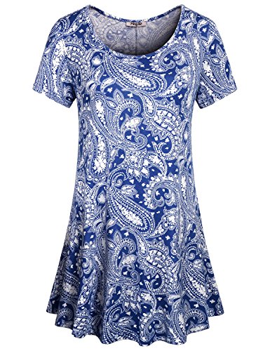 Hibelle Tunic Shirts for Women, Ladies Summer Short Sleeve Trendy Tops Boho Floral Print Latest Clothes Vintage Tee Shirts Crew Neck A Line Blouse Swing Tunics Juniors Blue XX-Large