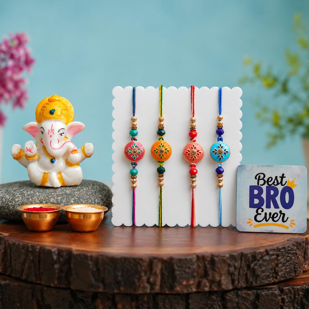 eCraftIndia Set of 4 Designer Rakhi for Brother with Best Bro Ever Fridge Magnet & Lord Ganesha Idol | Premium Beaded Rakhi Set with Roli Chawal | Raksha Bandhan Gift Combo