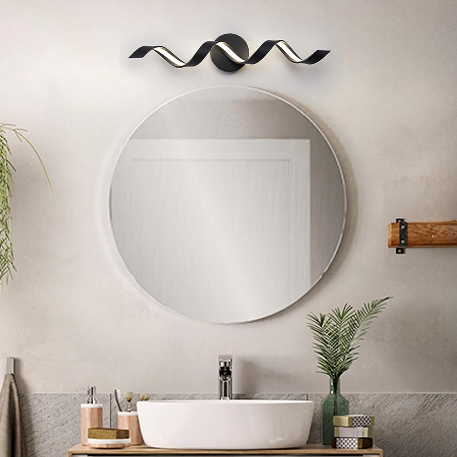 LED Modern Bathroom Vanity Light Fixtures, 24 inch Matte Black Wall Lamp Bedroom 4000K, Spiral Design Wall Sconce for Mirror, Living Room, Bedroom, Hallway 15W