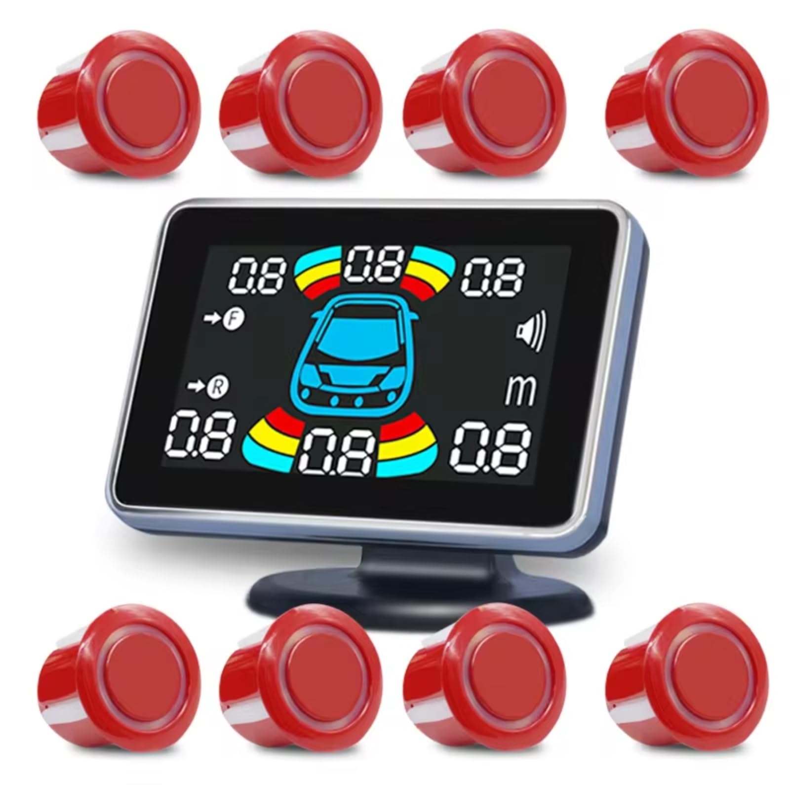 Sensor Ayuda Aparcamiento 8 Sensor Aparcamiento Parktronic para Coche Radar Marcha Atrás Detector Automático Trasero, Kit Asistencia Marcha Atrás, Zumbador Radar Parking Sensor(Red)