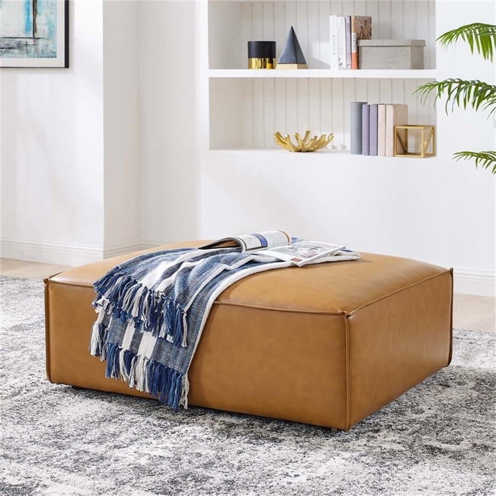 Pemberly Row Modern Faux Leather Ottoman, Tan Finish, 16.5" H x 35" W x 41.5" D, Vegan Leather Upholstery, French Piping, Pocket Coil System, Modular Connectors, Living Room Lounge Seating