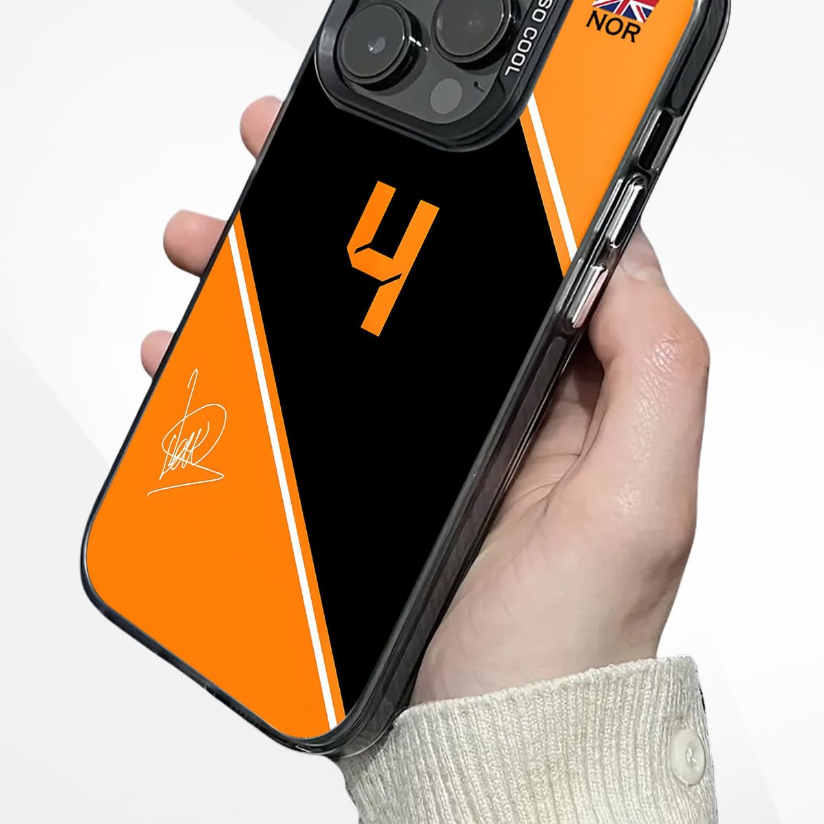 Custodia resistente per telefono, ispirata alle corse, compatibile con iPhone Pro Max, accessori per tuta da corsa, antiurto, custodia protettiva (F1 n. 4, arancione/nero)