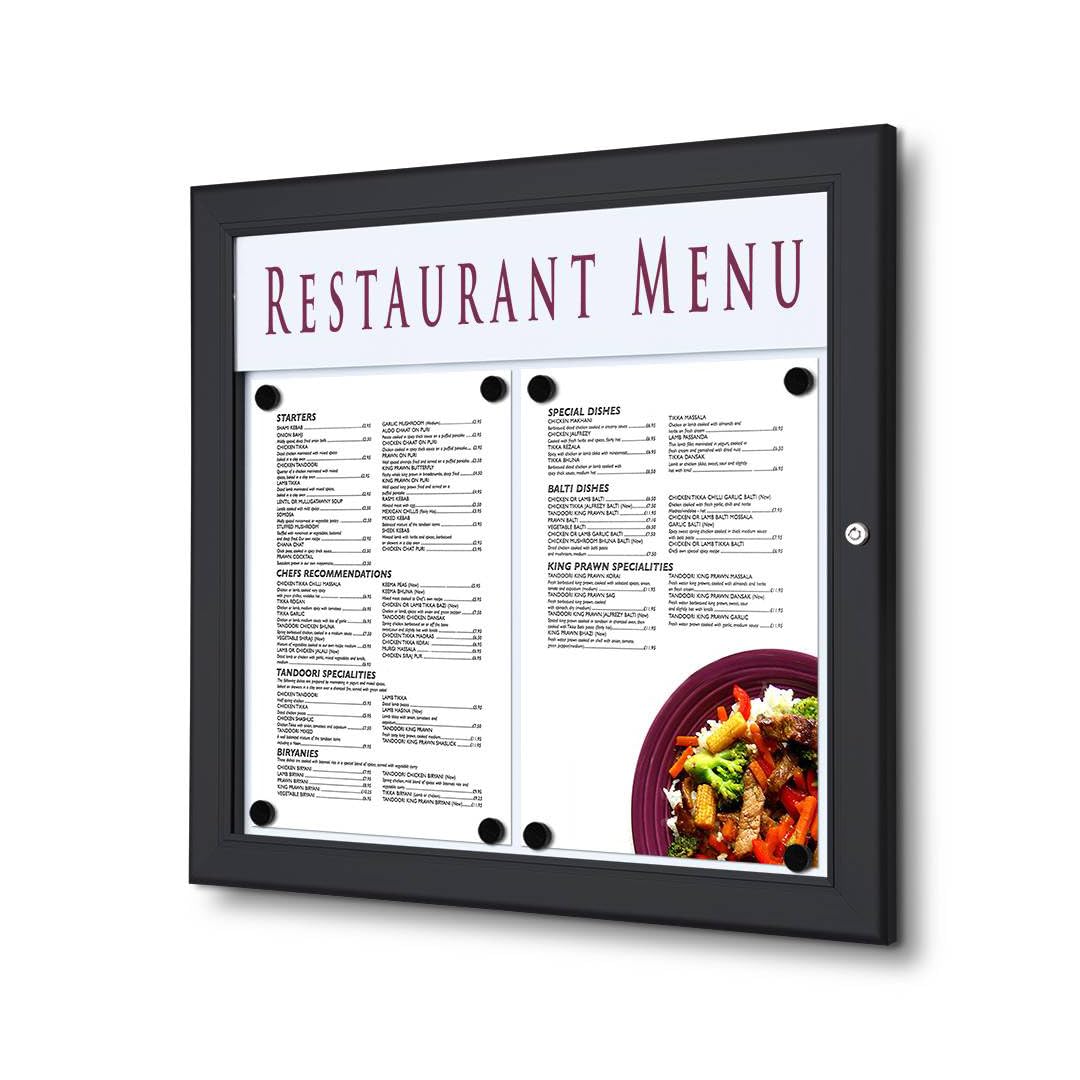 Display Boards Direct Outdoor Wall Mounted Lockable Menu Case with Header Panel Black Frame 2xA4