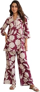 JISORA Women's Pure Cotton Dark Purple Printed Co-Ord Set Price In India