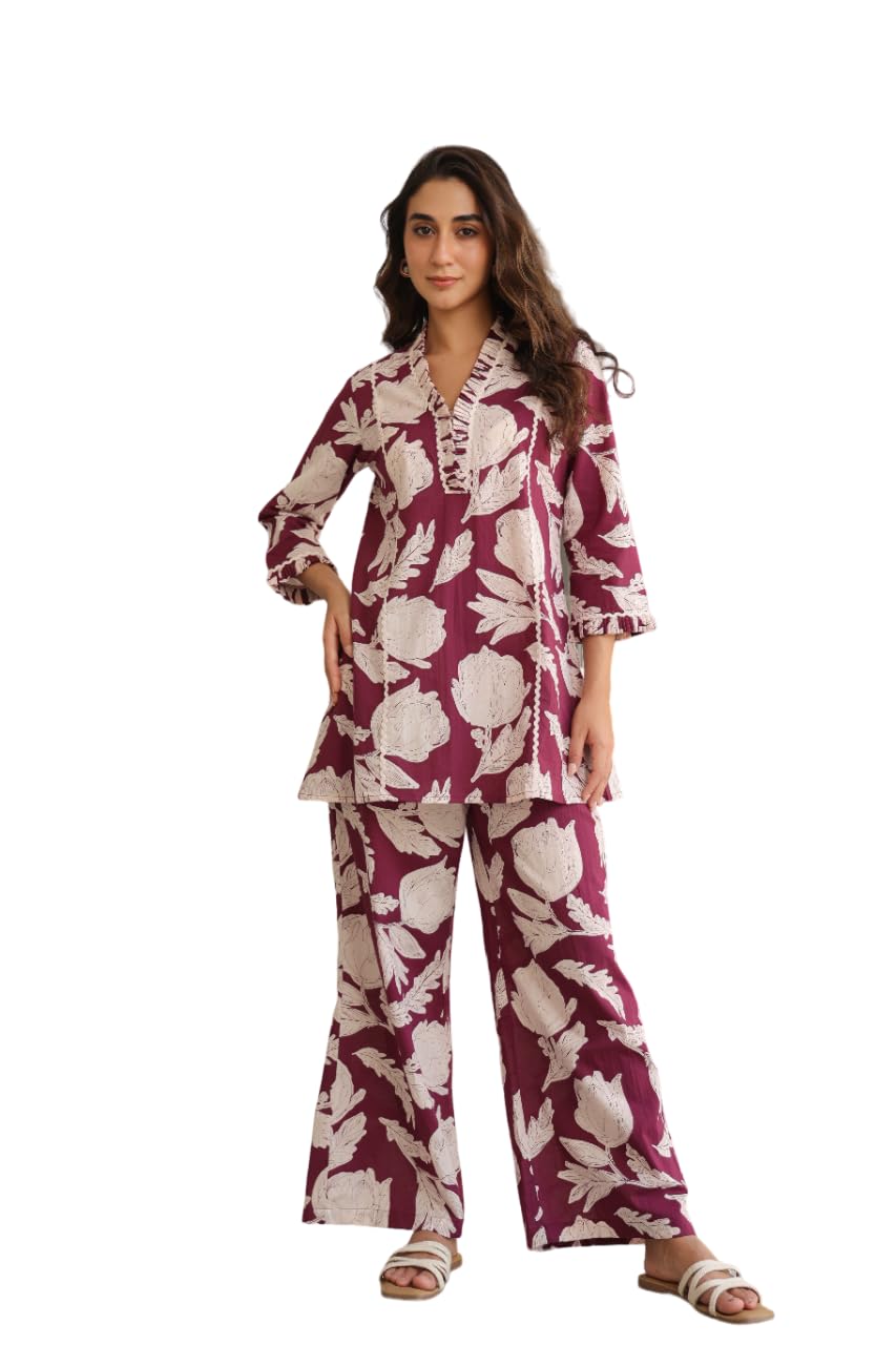 JISORA Women's Pure Cotton Dark Purple Printed Co-Ord Set