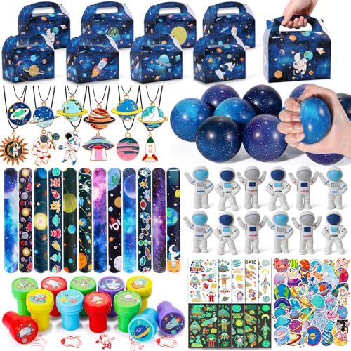 Golray 134pcs Space Party Favors with Box Stress Balls Erasers Luminous Tattoos Stamps Necklaces Bracelets, Outer Space Birthday Decorations Gift Goodie Bag Stuffers Astronaut Toys for Kids Boys Girls