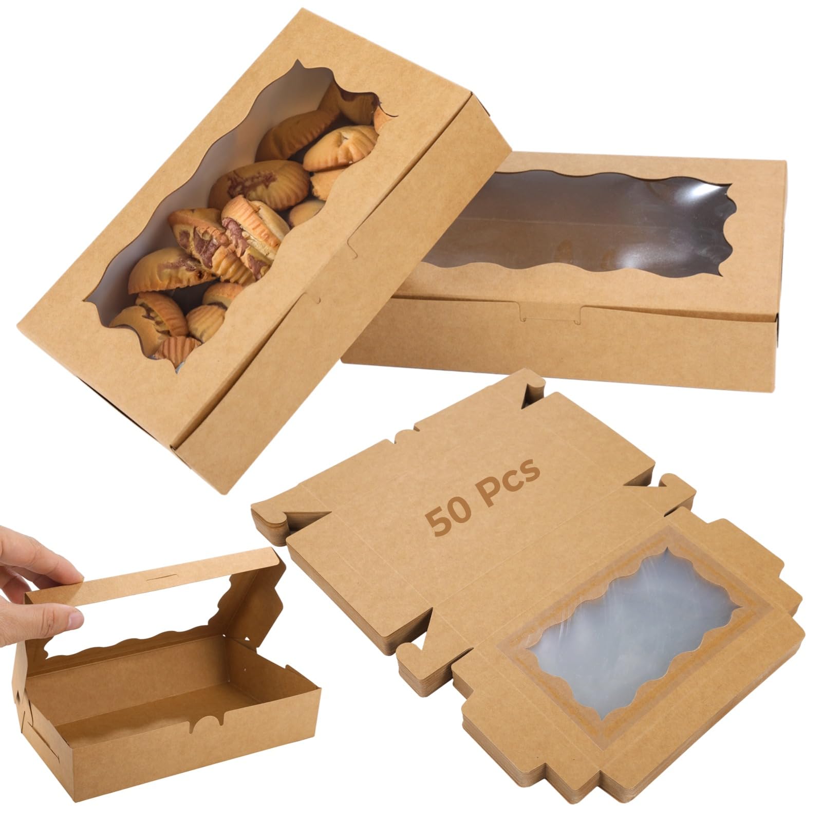 Generisch 50 cajas de galletas kraft con ventana, 7,1 x 4,3 x 1,6 pulgadas, caja de galletas de papel kraft, caja de almacenamiento marrón para pasteles, postres, dulces, donas, vacaciones y regalos