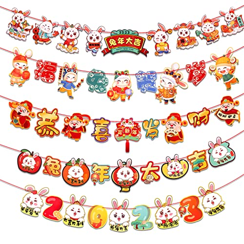 DPKOW 47pcs Chinesisches Neujahr Wimpel Banner des Frühlingsfestes Bunting Banner Dreieck Flagge Girlande mit Band für das Kaninchen Chinesisches Neujahr Party Chinesisches Frühlingsfest Zubehör