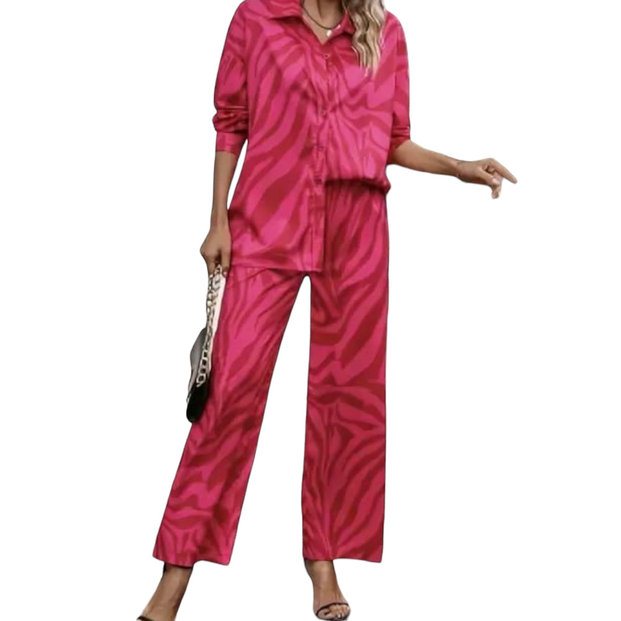 Gufrina Women's Co-Ords Set - Pink Zebra Print Shirt Collar Button-Down Top and Wide-Leg Pants, Rayon Fabric