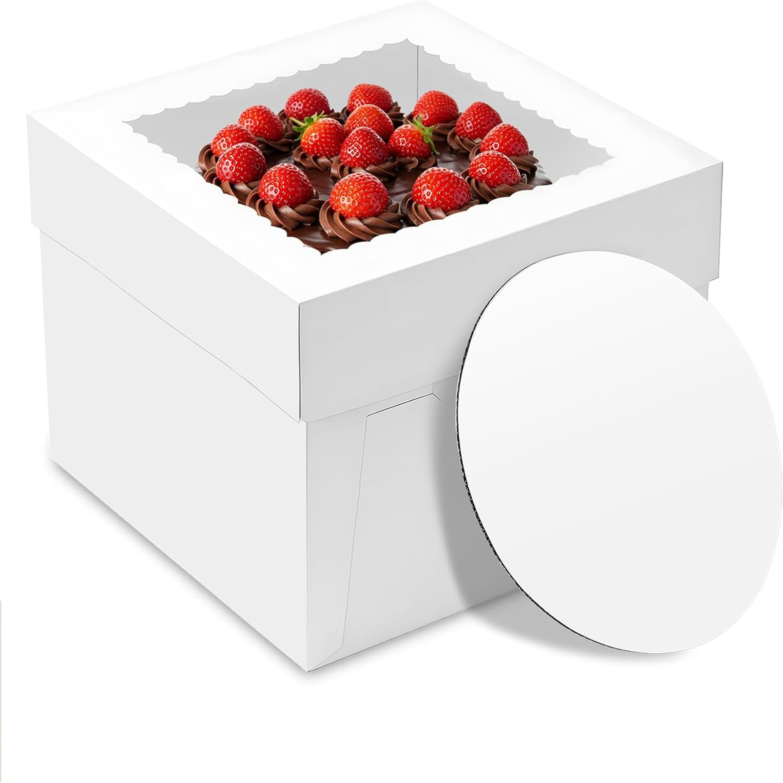 Caja de cartón para tartas de 30 x 30 x 20 cm, caja de transporte para tartas, caja blanca para tartas con ventana y 10 tablas redondas para tartas, 1 rollo de cinta de raso para tartas
