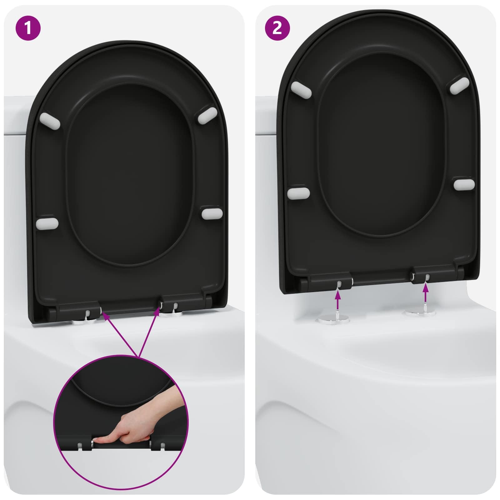 Sedile WC nero, 49 x 36 x 4 cm, in duroplast, con cerniera a abbassamento automatico, per bagno, appartamento, ospiti, WC di ricambio, ristrutturazione