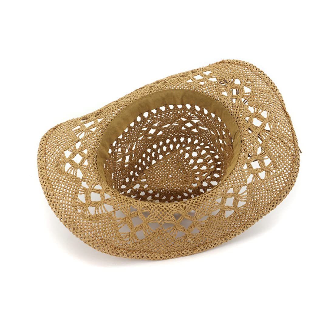 Sombrero de Vaquera Marrón, Sombrero de Vaquero de Paja Unisex Tejido a Mano Transpirable Vaquera Occidental Diseño Hueco Sol de ala Ancha para Fiesta en la Playa de Verano al Aire Libre Mujeres Homb