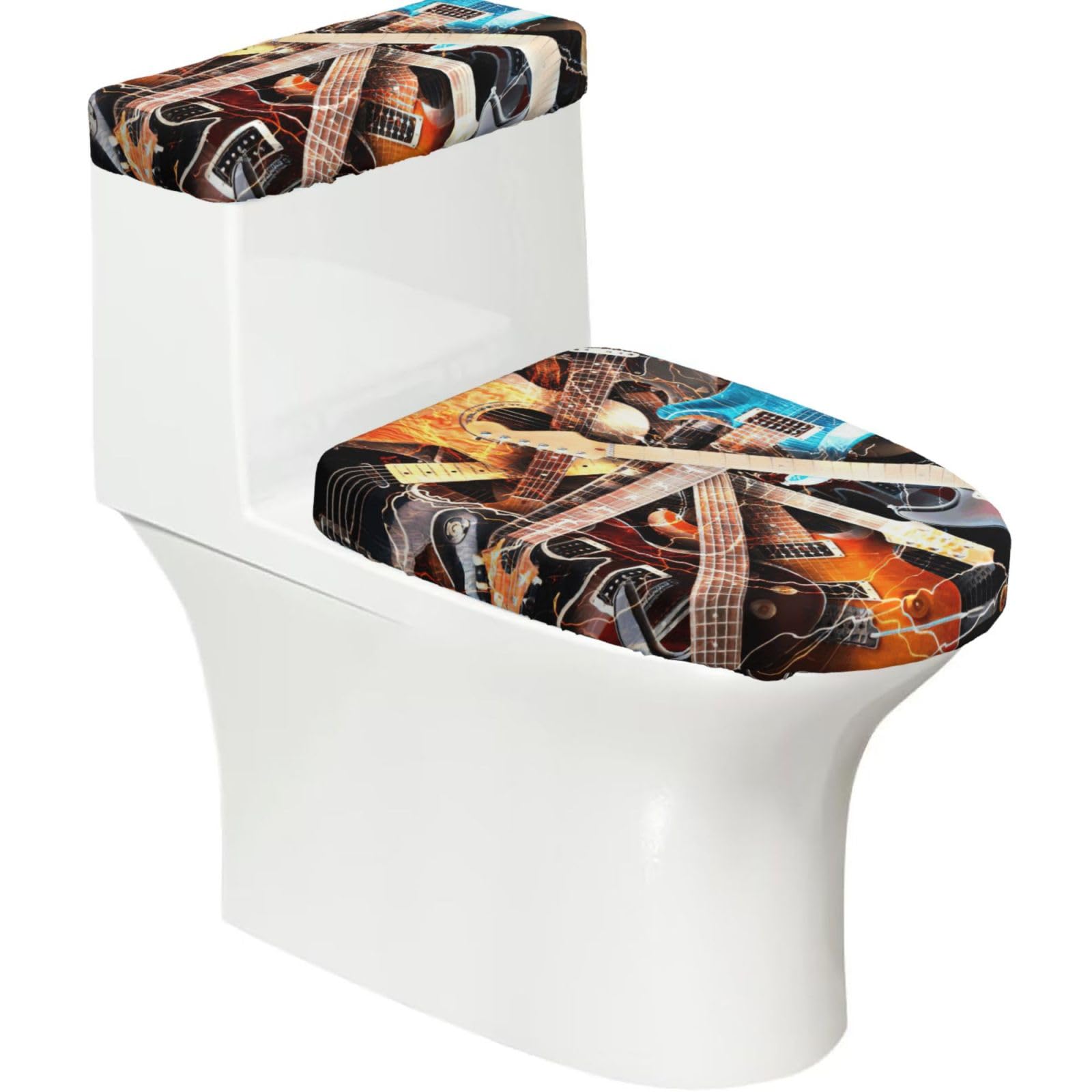 Music Guitar Print Bathroom Decor Toilet Lid Cover And Tank Covers, Restroom Accessories Fits Most Round