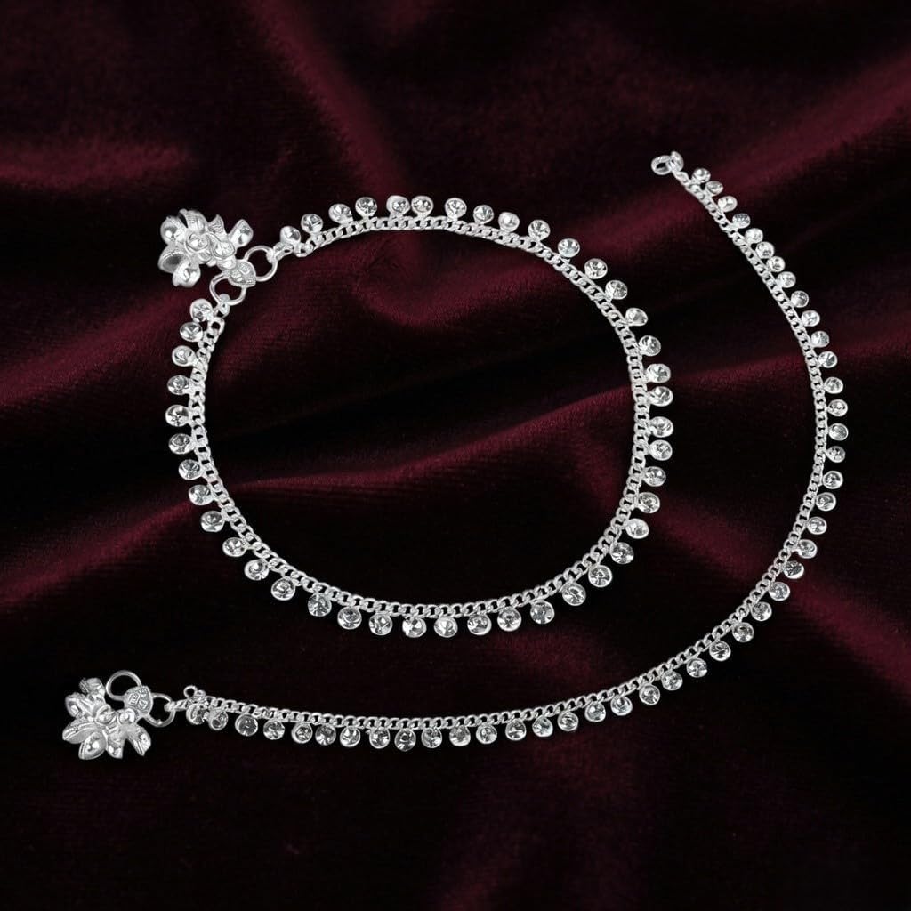 Efulgenz Silver Tone Indian Anklets for Women Ankle Bracelet Pair Anklet Set Long Chain Anklet with Bell Charms Ankle Jewelry Payal Beach Feet Jewelry