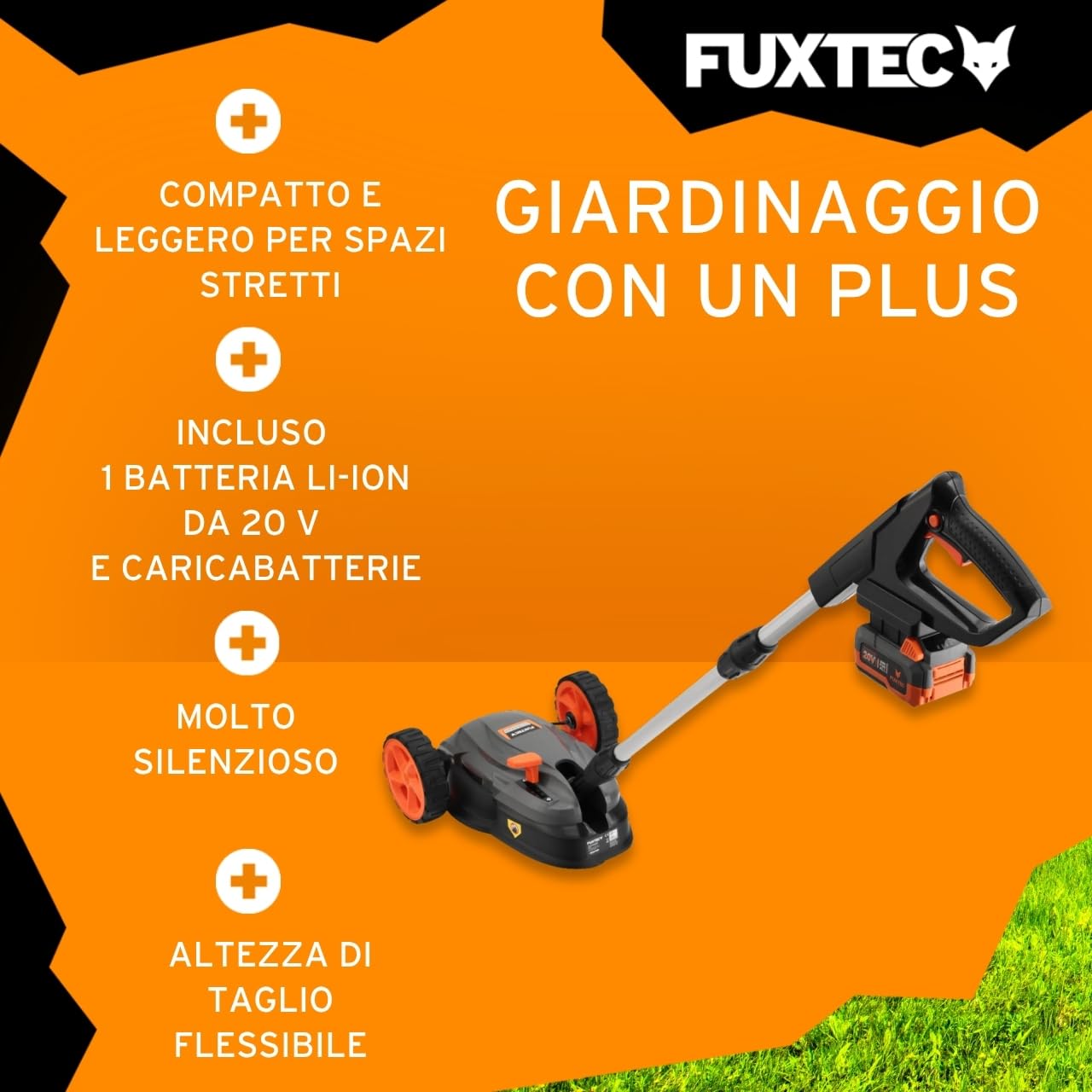 FUXTEC FX-E1RMEH20-SET Tagliaerba a Batteria 20V – Tosaerba Compatto a Una Mano Mulching con Batteria 4Ah e Caricabatterie, Larghezza 22cm, Altezza Regolabile, 300W