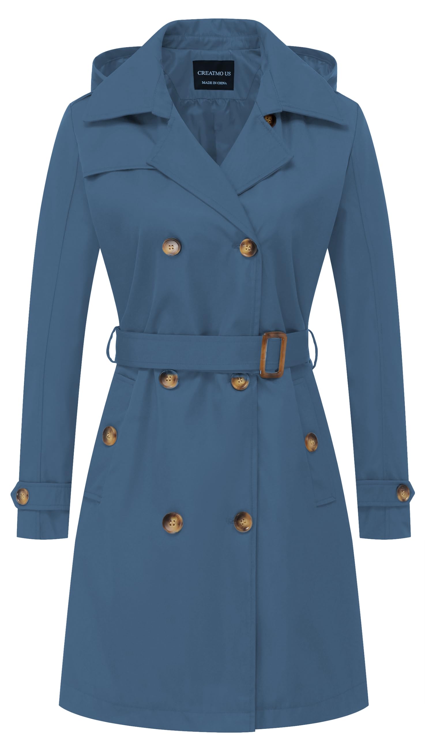 creatmo us Women's Long Trench Coat Double-Breasted Classic Lapel Overcoat Belted Slim Outerwear Coat with Detachable Hood-picture-11