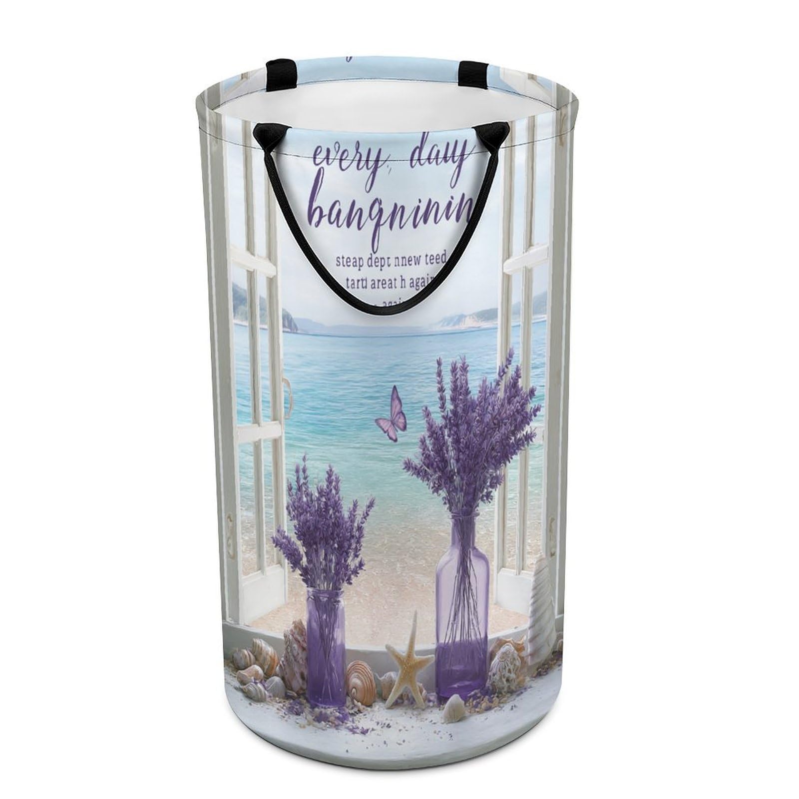 LUYYSKY Funny Realistic Window Seaside Versatile Storage Laundry Basket, Modern Classic Summer Nautical Landscape Plant Lavender Lilac Large Capacity Bathroom Hamper With Handle