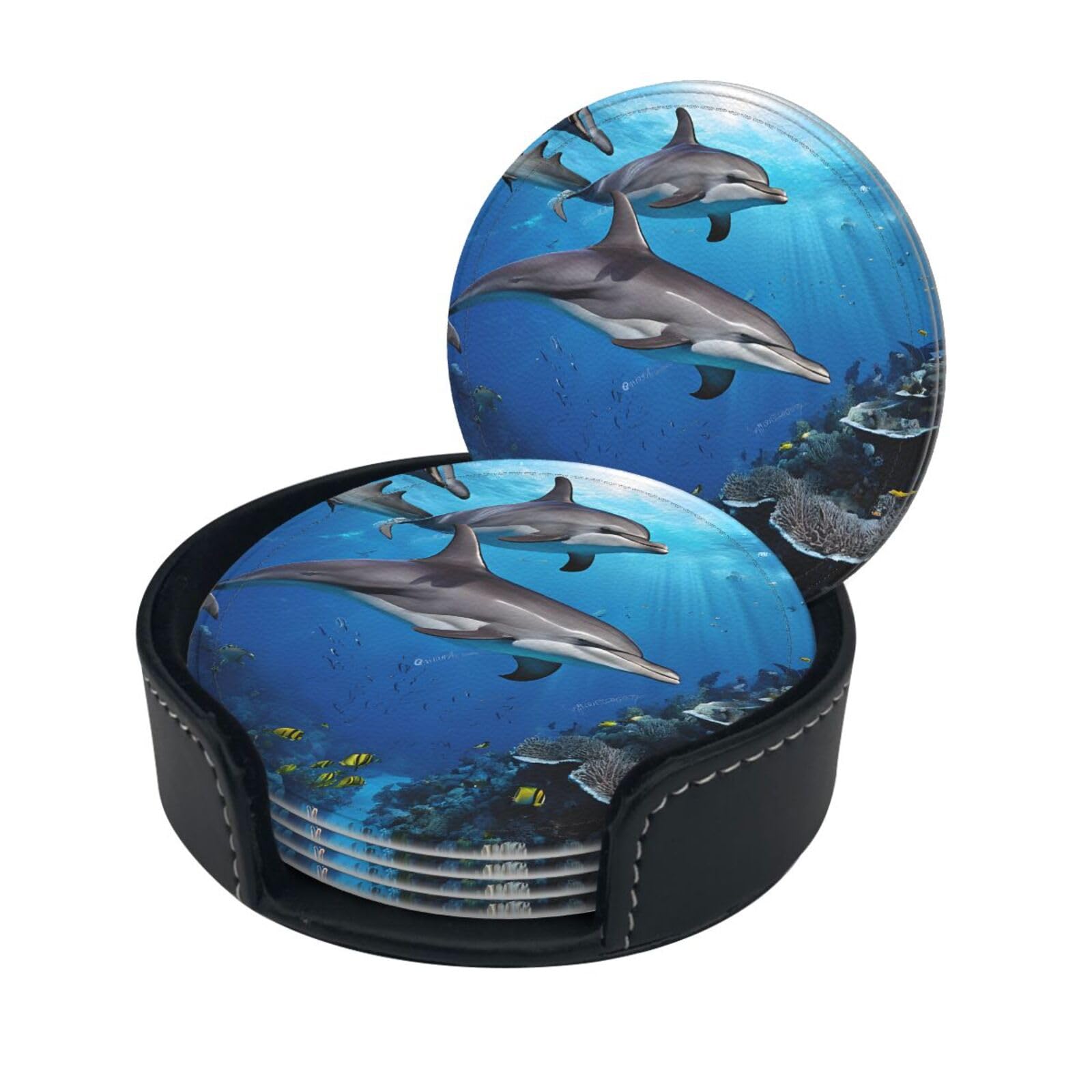 Killer Whale1 Print Coaster,Round Leather Coasters with Storage Box for Wine Mugs,Cold Drinks and Cups Tabletop Protection (6 Piece)