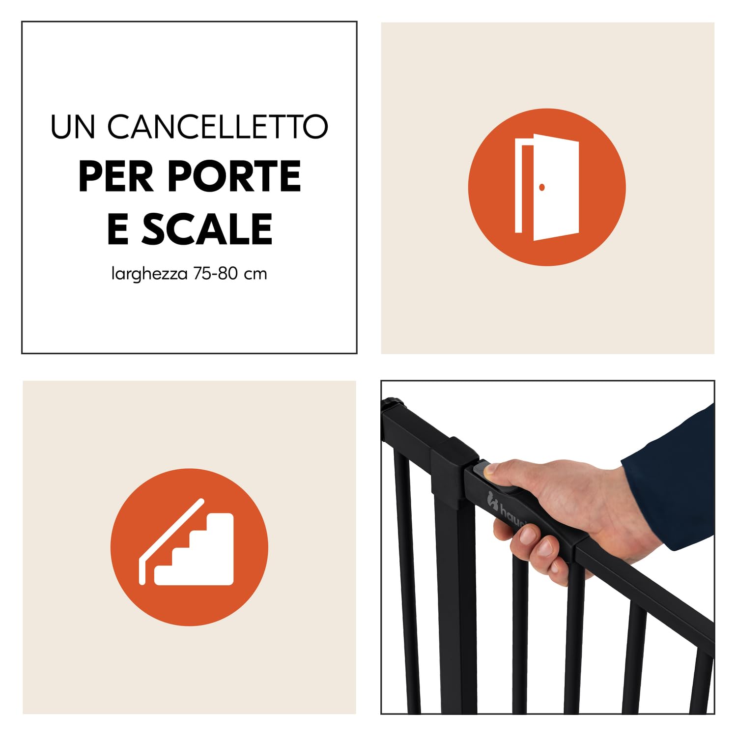 hauck Cancelletto di Sicurezza per Bambini Open N Stop 2 - Cancelletto per Bambini per aperture da 75-80 cm, Apertura con Una Sola Mano Su Entrambi i Lati, Chiusura Manuale - Metallo, Nero
