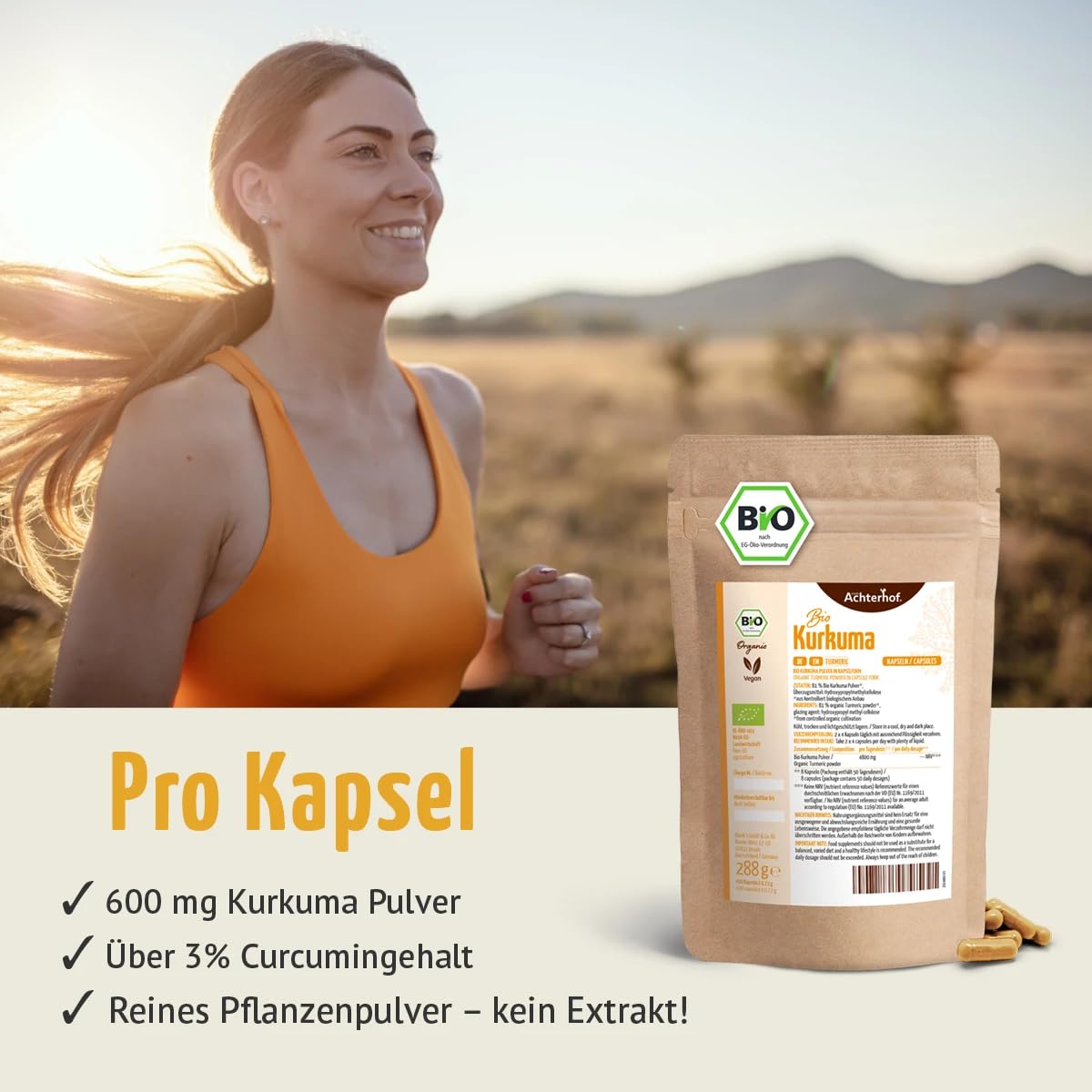 Capsule di curcuma biologiche in confezione di ricarica | 400 pezzi | 4800 mg di curcuma per dose giornaliera | radice di curcuma appena macinata di qualità biologica | vom Achterhof