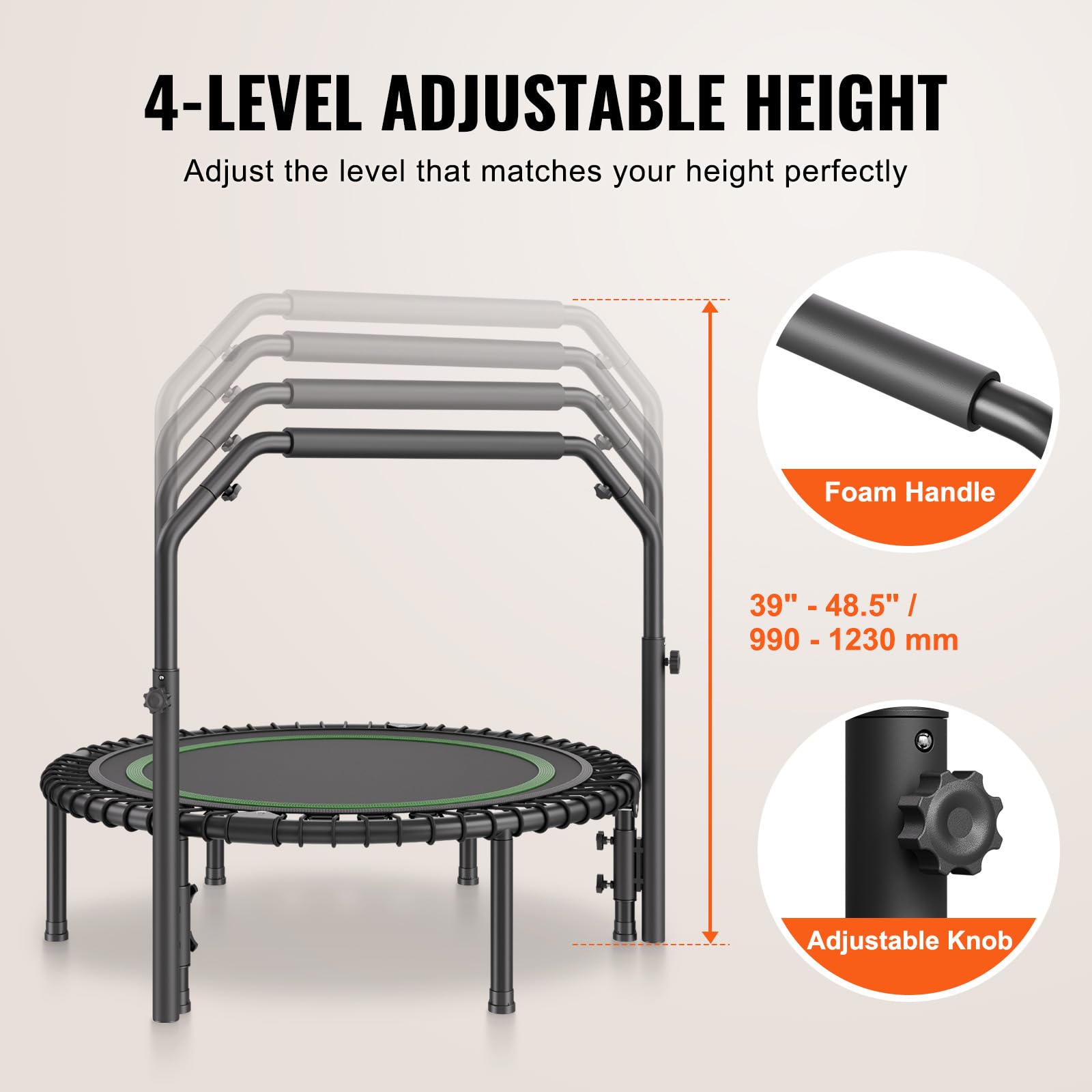 VEVOR Mini Trampoline Pliable, 1027 mm, Fitness rebounder, Charge Max. 150 kg, Stable et Silencieux avec poignée en Mousse réglable en Hauteur à 4 Niveaux, pour entraînement intérieur/Jardin Adultes