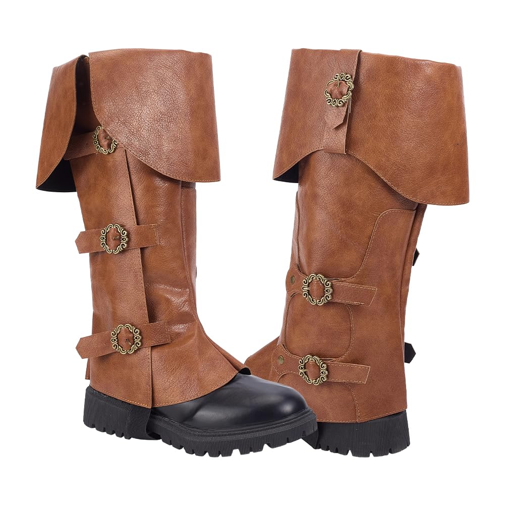 NBEADS 1 Pair Medieval Pirate Boot Covers, PU Leather Renaissance Boot Tops Adjustable Buckle Steampunk Leg Gaiters for Viking Cosplay Halloween Costume, Saddle Brown