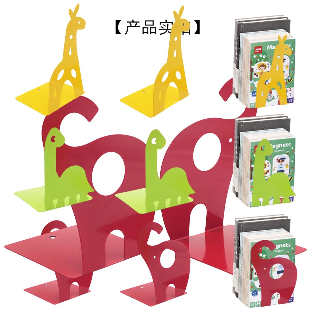 6 fermalibri per bambini, motivo: animali (elefante, dinosauro, giraffa) con base antiscivolo e bordi arrotondati, fermalibri colorati per scuola, cameretta dei bambini e casa