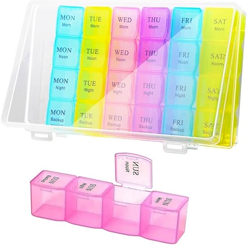 Jasilon Organizador de pastillas 4 veces al día, organizador semanal de píldoras, pastillero de viaje, organizador de medicamentos de 7 días,