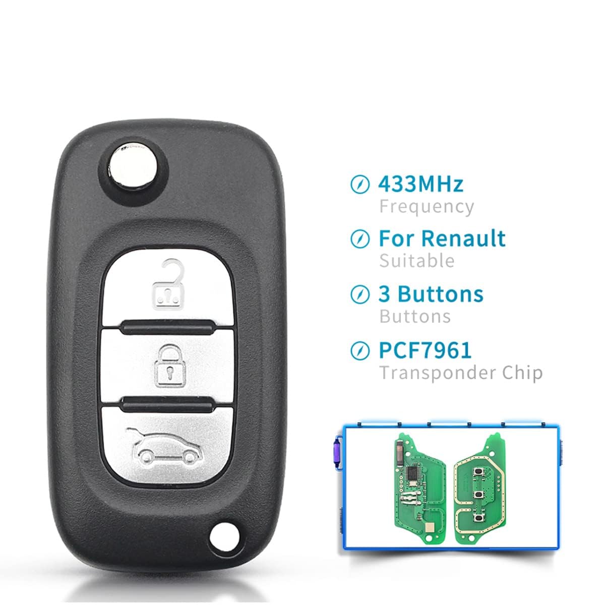 Heart Horse Ricambio Chiave Guscio Telecomando pieghevole a 3 tasti Cover Guscio Chiavi telecomando per Re-nault Clio 3 Kangoo 2 Master Modus Twingo1con 433 MHz PCF7961chip 2006-2016